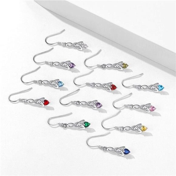 Sparkling Heart Birthstone 925 Sterling Silver Celtic Knot Dangle Hook Earrings - Picture 6 of 7